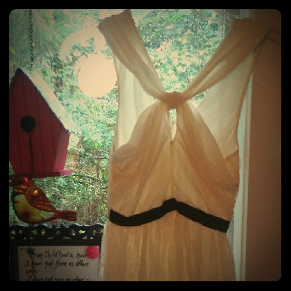 Ivory lace dress with black waist detailing